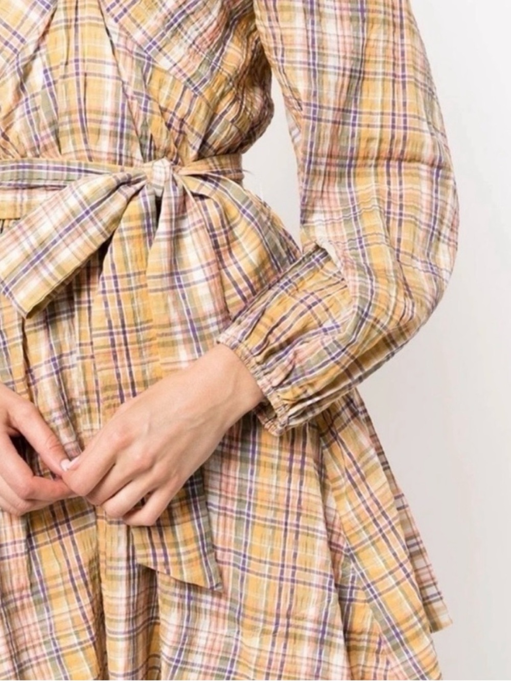 NWT Tanya Taylor Xena Yellow Plaid Puff-Sleeve Mini Dress - Picture 4 of 5